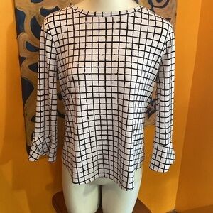 Black & White Blouse with Bell Cuffed Sleeves.